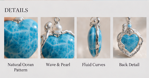 Ocean stone heart pendant close-ups